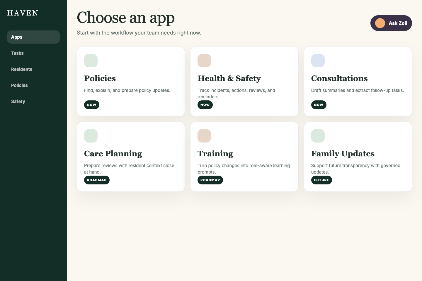 Haven OS web app selection screen